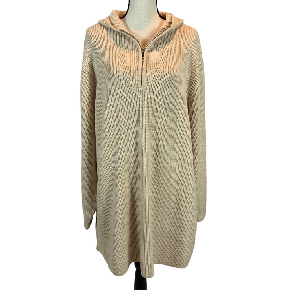 City Chic Lily Long Sleeve Quarter Zip Rib Knit Hoodie Sweater - Buff Cream - XL